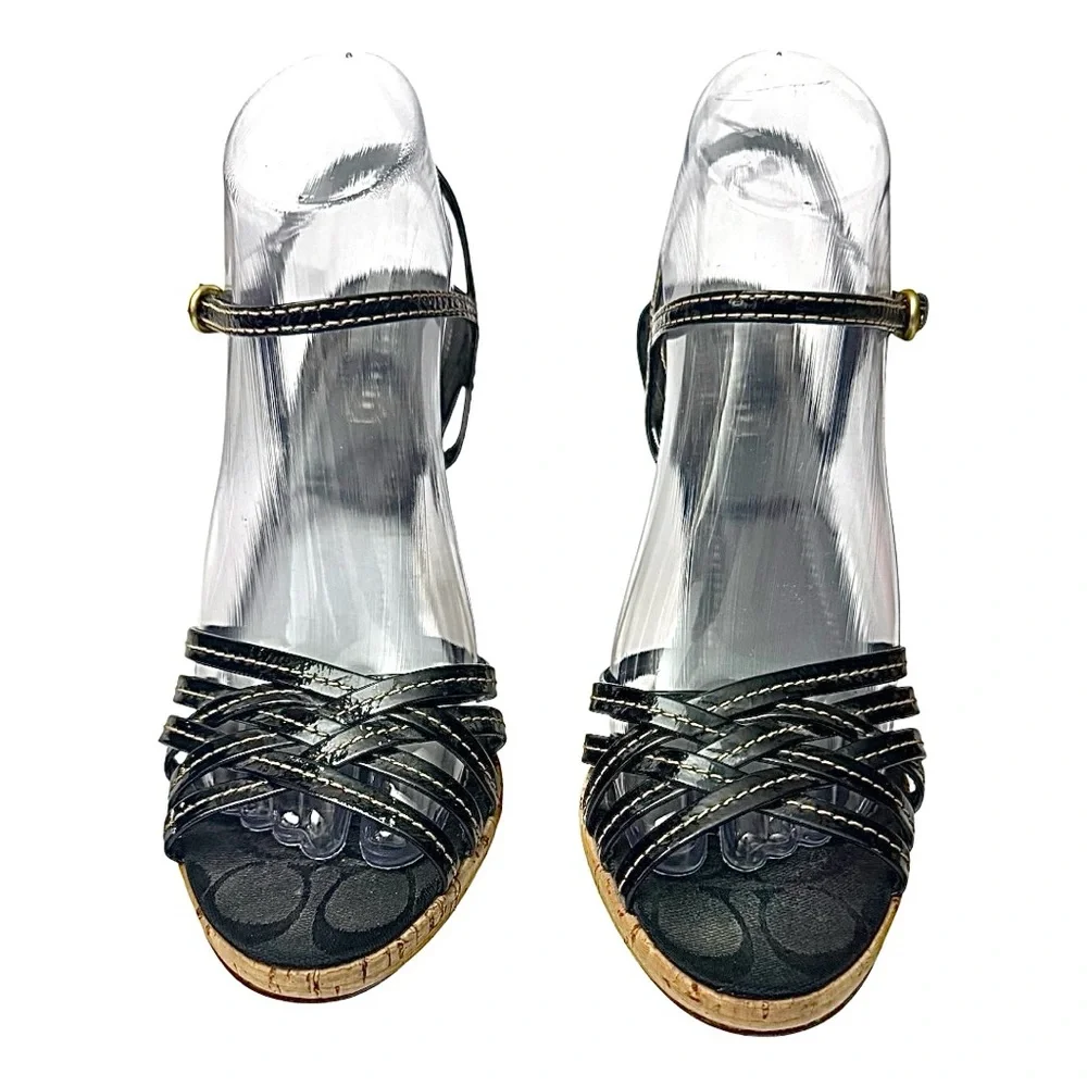 Coach Women’s High Heels 8.5 B Black Strappy Cork bottom Made In Italy Used
